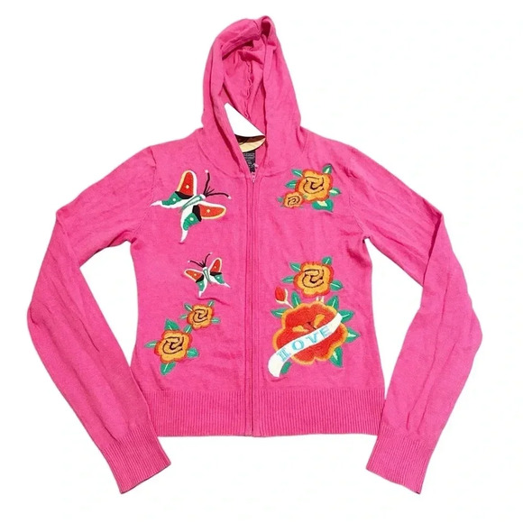 Sweaters - NWT Y2K deadstock Pink butterfly & rose zip up sweater size medium
